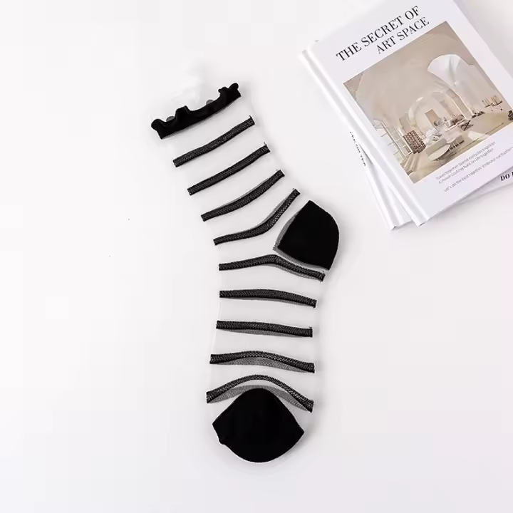 Calcetines De Verano Para Mujer Ultrafinos Transparentes De Seda De Vidrio Estampado De Corazones Y Flores Casual Transpirables De Tobillo Con Diseño De Rayas - 1