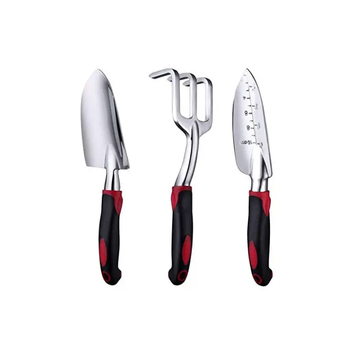 Juego de herramientas de jardín, herramientas de jardinería de aluminio de 3 piezas con paleta, trasplantadora y rastrillo de mano, mango ergonómico antideslizante suave y cómodo, rojo - 1