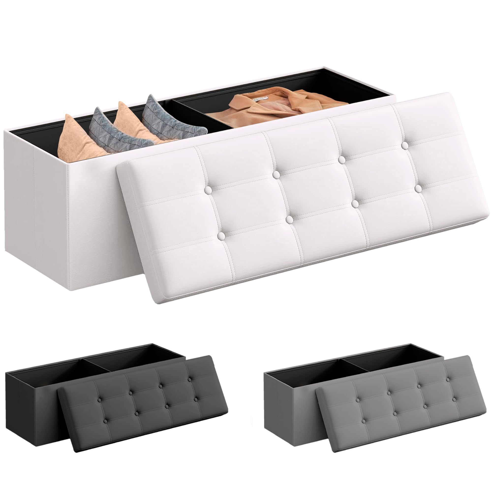 JUPPLIES Puff Almancenaje Acolchado de 80L - Baul Almacenaje Dormitorio - Banco de Almacenaje con Capacidad de Carga 300 kg - Tapizado PVC - Mueble Almacenaje Juguetes Infantil