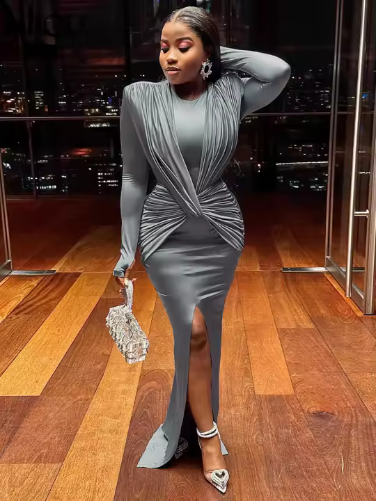 Vestido Máximo Elegante Para Mujer Kliou De Manga Larga Cruzada Y Con Abertura En El Costado Body-Shaping Estilo Clásico High Street Para Fiestas Vestidos Largos - 1