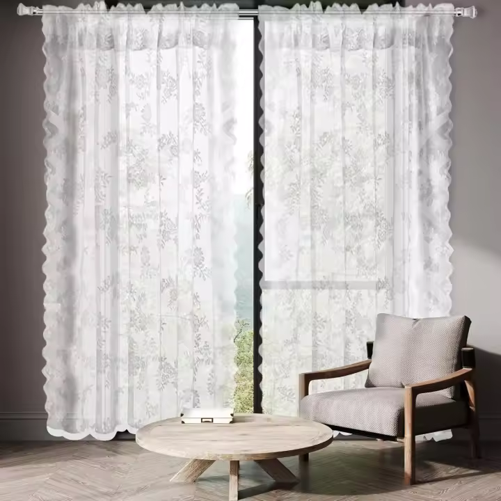 Cortinas de tul con encaje blanco Vaileal (juego de 2) 200 x 100 cm, con bordado floral blanco para sala de estar, terraza, dormitorio y decoración del hogar. - 1