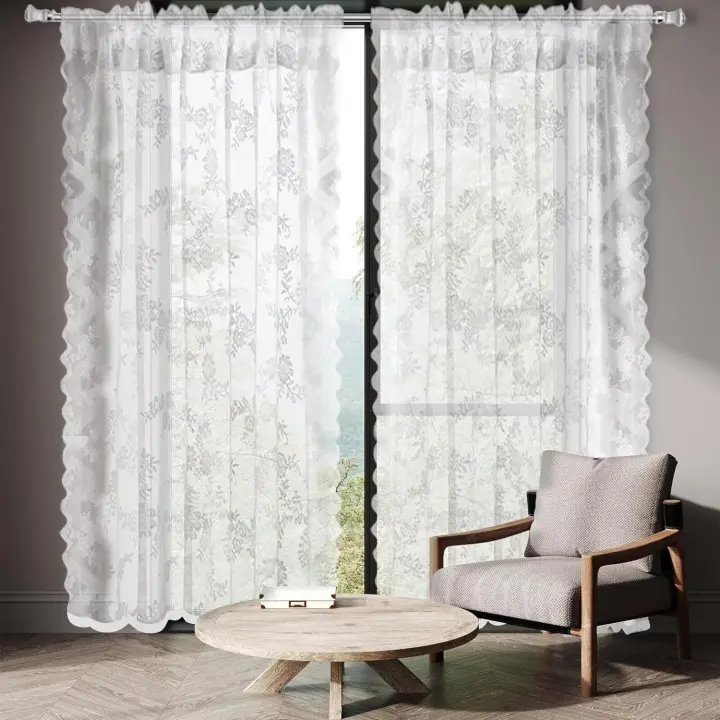 Cortinas de tul con encaje blanco Vaileal (juego de 2) 200 x 100 cm, con bordado floral blanco para sala de estar, terraza, dormitorio y decoración del hogar. - 1