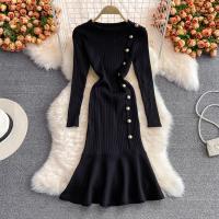 Vestido Bodycon Mermaid Elegante De Moda Coreana YuooMuoo Negro Con Volantes Para Fiesta Y Oficina Vestido De Cintura Imperio De Pierna Larga Estilo Lady - details 3