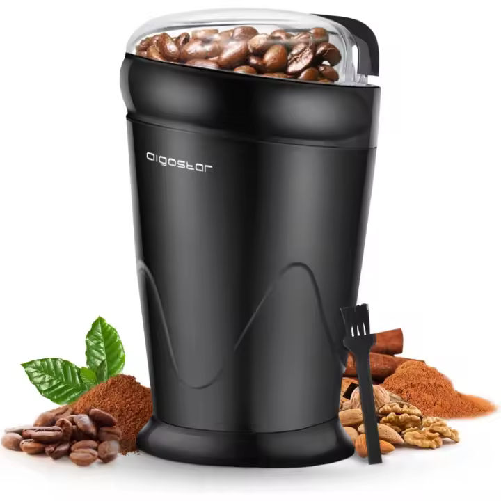 Shoppe house - Molinillo de Café Eléctrico, Molino Cafe Cereales con Cuchillas Acero Inoxidable, Capacidad 60gr con Cepillo para Limpieza, Tapa Transparente, Libre de BPA, Negro - 1