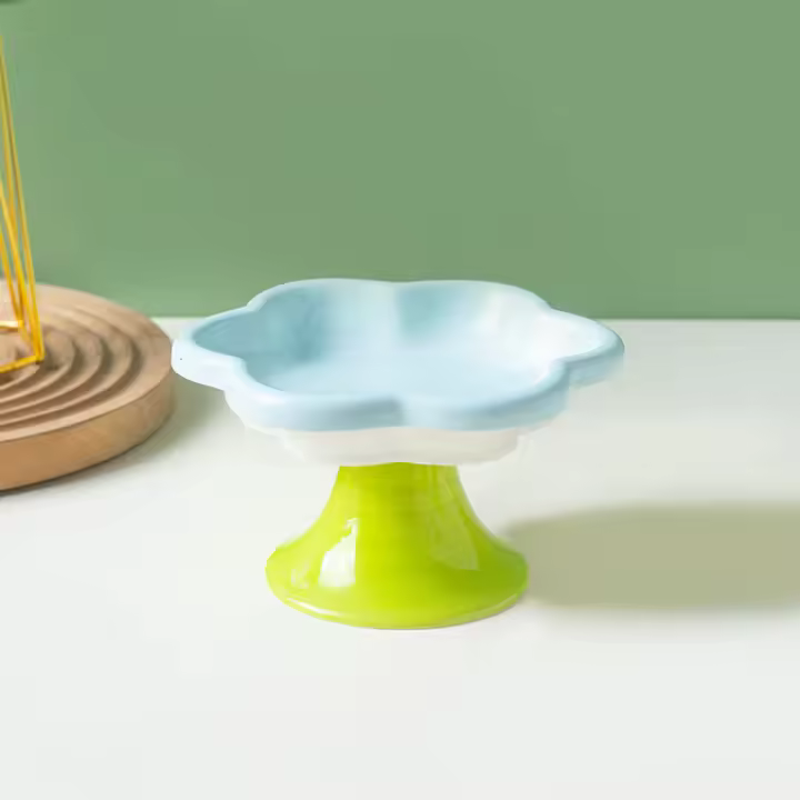 Tazón De Gato De Cerámica Con Diseño De Flor Elevado Placa De Agua Y Alimento Con Soporte Para Protección De La Columna Vertebral - 1