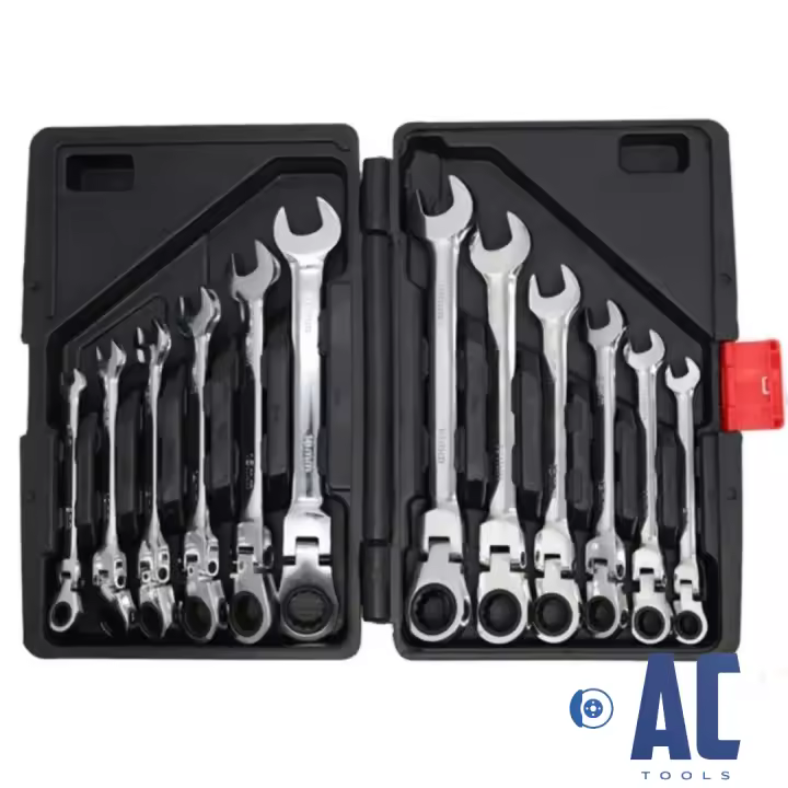 AC Tools Juego profesional de 12 llaves fijas articuladas con carraca de 8-19 mm con estuche incluido. - 1