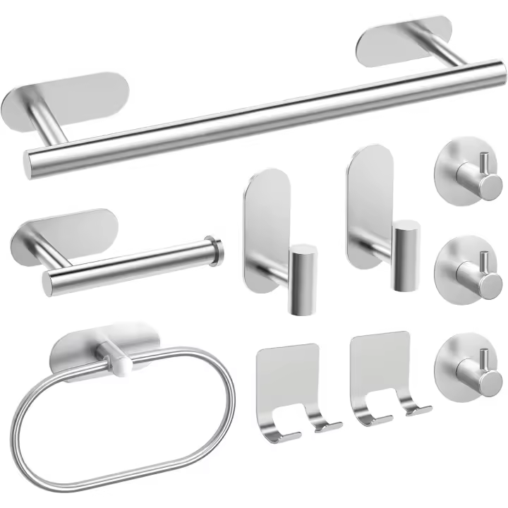 Toalleros de Baño Sin Taladro,Versión Completa Juego de Toallero de Baño 10PCS,Acero Inoxidable SUS304 de Espesada Accesorios Baño para Mueble Baño o Colgador Pared Decoracion baño-Plata - 1
