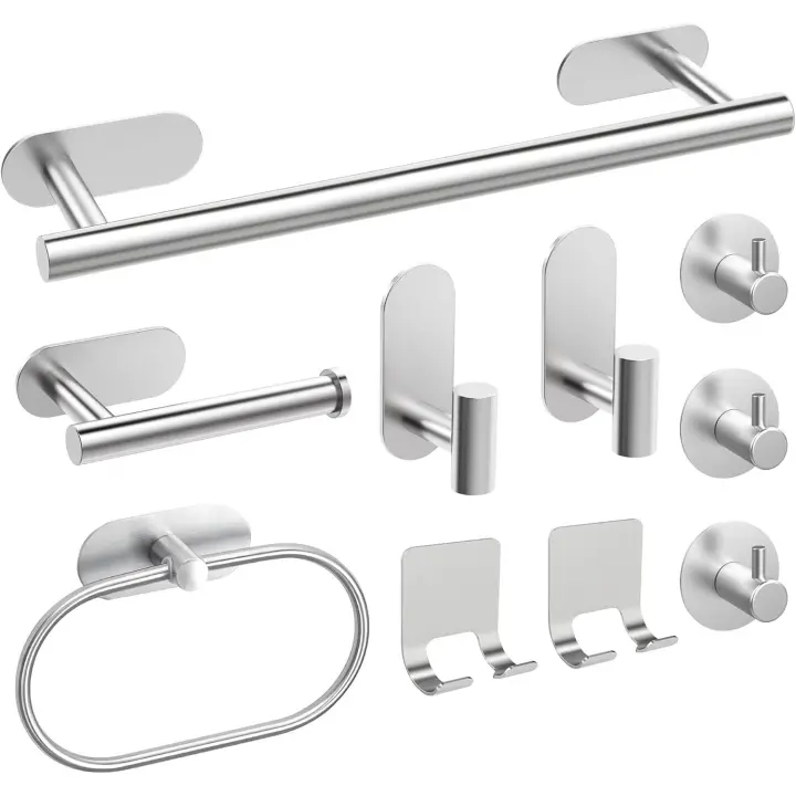 Toalleros de Baño Sin Taladro,Versión Completa Juego de Toallero de Baño 10PCS,Acero Inoxidable SUS304 de Espesada Accesorios Baño para Mueble Baño o Colgador Pared Decoracion baño-Plata - 1