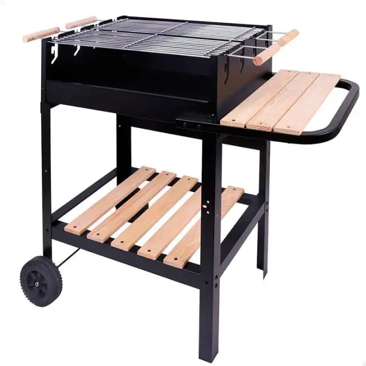 Barbacoa de carbón Aktive doble parrilla con ruedas negro/natural 88,5x100,5x40 cm - 1