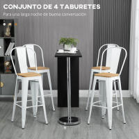 HOMCOM Juego de 4 Taburetes Altos de Cocina Apilables con Respaldo Alto Taburetes de Bar con Reposapiés Asiento de Madera y Marco de Acero Carga 120 kg 44x48x117 cm Blanco - details 3