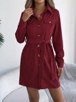 Vestido De Mujer Casual De Otoño E Invierno En Color Sólido De Corduroy Con Botones Y Cordones Largo De Cintura Vestimenta - details 15