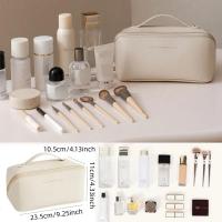Bolsa de Cosméticos Grande de viaje, Organizador de Cosméticos, Bolsa de maquillaje de alta capacidad, Bolsa de almacenamiento de piel óptica, beige, Hermoso - details 0