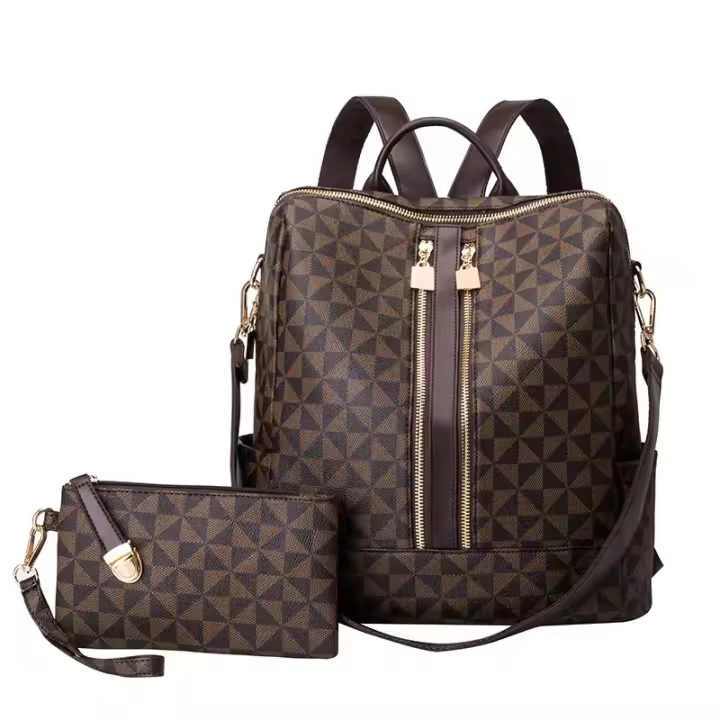 Mochila de gran capacidad, bolso de cuero para dama Mochila, bolso de mano para mujer, bolso de viaje de cuero sintético, bolso de diseño convertible con monedero, 2 piezas - 1