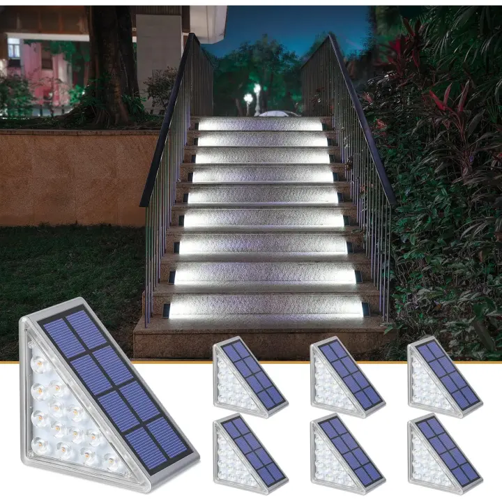 Luces solares para escalones, paquete de 6 luces para escaleras al aire libre, luces triangulares blancas frías, solares, impermeables, con encendido y apagado automático para escaleras, patios, aceras - 1