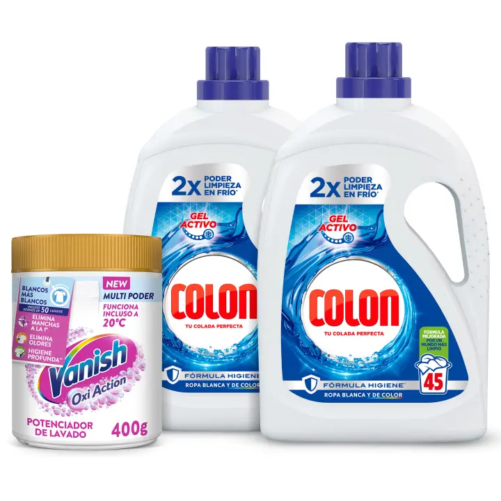 Colon Gel Activo Detergente Lavadora 90 lavados + Vanish Oxi Action Advance Quitamanchas 400g Polvo White Ropa Blanca - 1