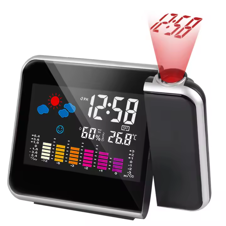 Despertador con proyector de luz LED, estación meteorológica para mesilla de noche con función de reloj, clima, temperatura, pantalla digital LCD - 1