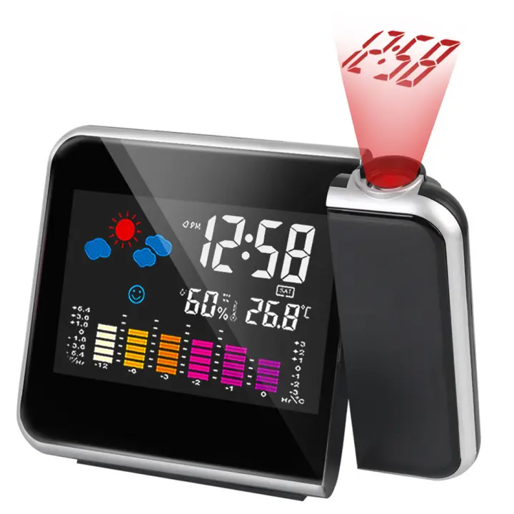 Despertador con proyector de luz LED, estación meteorológica para mesilla de noche con función de reloj, clima, temperatura, pantalla digital LCD - 1