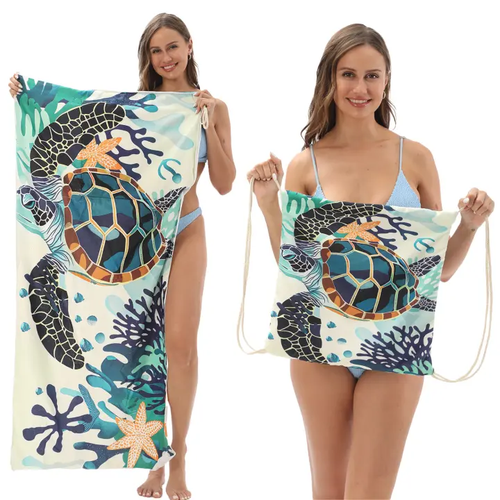 Toalla de playa de secado rápido que absorbe el agua, toalla de baño, bolsa de playa con cordón impreso integrado, mochila de playa portátil - 1