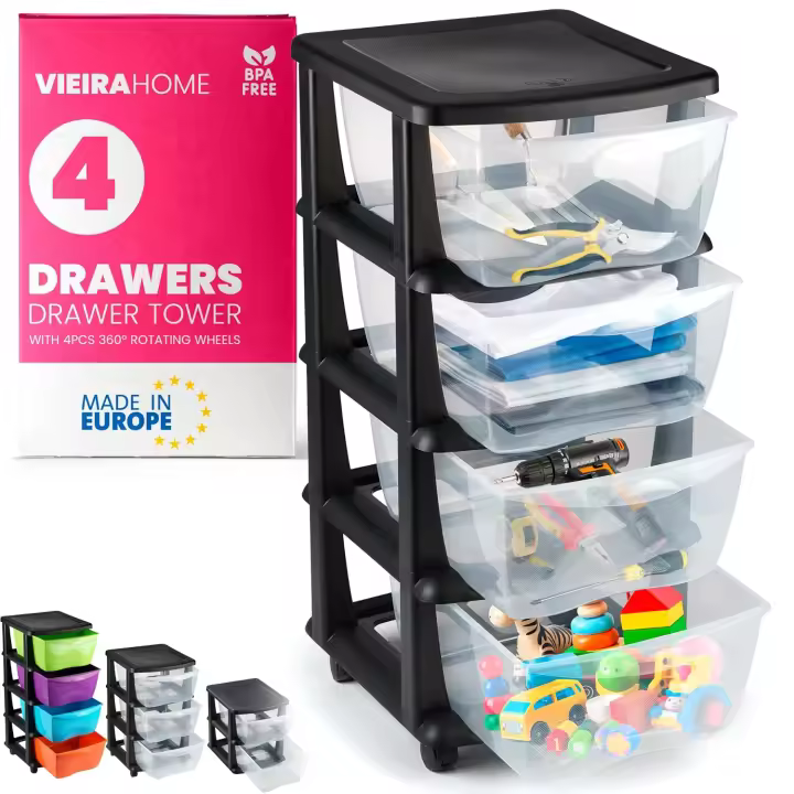Plastic Storage Tower Drawer Organizer Drawers with Wheels Filing Cabinet – Desk, Office, School, Bathroom, Living Room – Made in USA (4 Drawers) - 1