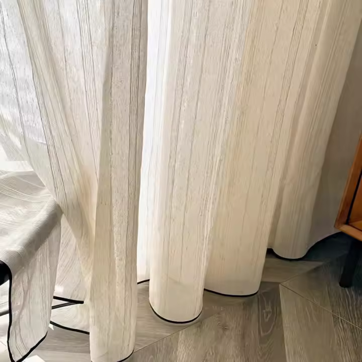 Cortinas De Estilo Francés Antiguo Con Borde Negro Lino Rayado Crema Retro Japonesa Para Balcón Y Sala De Estar - 1