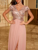 Vestido De Talla Alta Con Borlas Y Abertura Alta Glitter V-Neck De Tela De Chiffón Rosa Con Parches De Lentejuelas Para Mujer - details 6