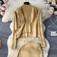 Conjunto De Ropa De Mujer REALEFT Otoño Invierno 3 Piezas Traje De Tejido Knitted Cardigan De Botón Sencillo Y Tops Falda Elegante Para Oficina - details 50
