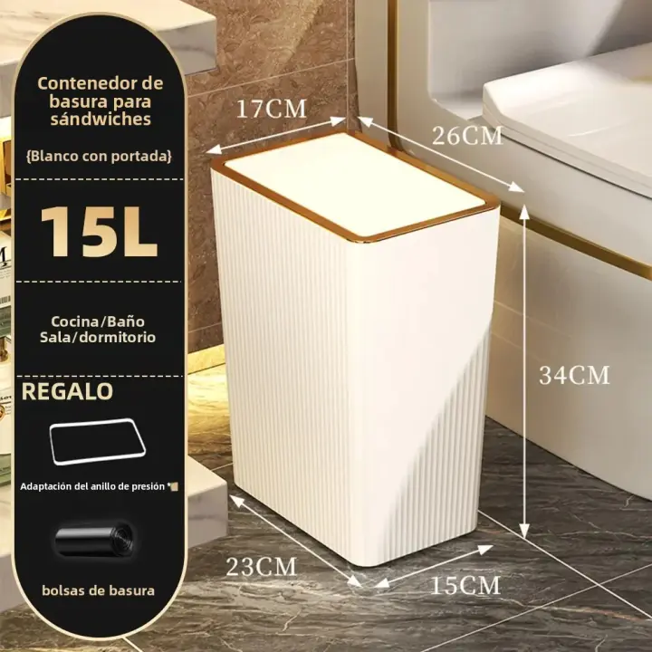 Cesta De Basura De Baño Nórdica Dorada De 15L Con Tapa De Un Toque Y Diseño Delgado Para Baño Sala De Estar Cocina Dormitorio - 1