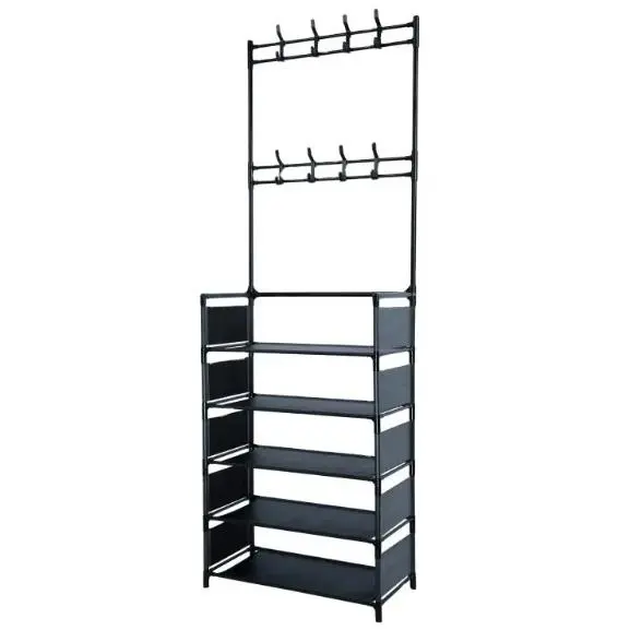 Zapatero de acero al carbon de 5 niveles, estante para sombreros, árbol de salón ajustable con 16 ganchos de suspensión de plastico, cubierta lateral para entrada, baño, sala de estar - 1