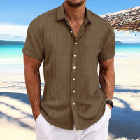 Camisa Casual De Hombre De Algodón Y Lino Con Rayas Jacquard Verano Cómoda Corta Color Sólido Moda Cierre Único Estilo Turn-down Collar - details 10
