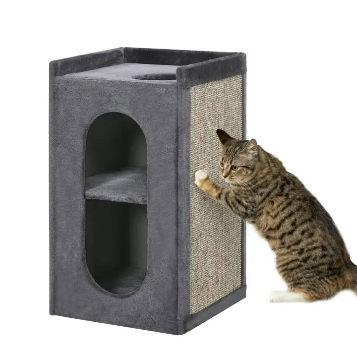 PawHut Barril rascador, altura 81 cm, rascador para gatos con 2 cuevas, torre rascadora con tabla rascadora, torre para gatos con 2 niveles, barril para gatos de hasta 6 kg, gris oscuro - 1