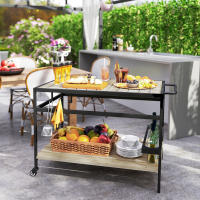Outsunny Camarera con Ruedas de Madera Carro de Servicio con Encimera de Listones 2 Estantes 3 Ganchos y Asa para Jardín Terraza Patio 107x65x80 cm Natural - details 1
