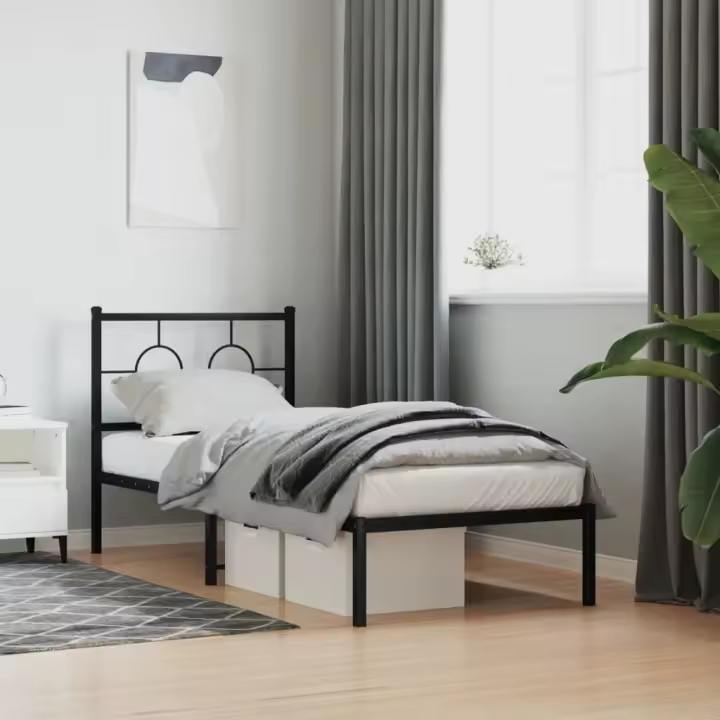 Estructura cama sin colchón con cabecero metal negro 80x200 cm - 1