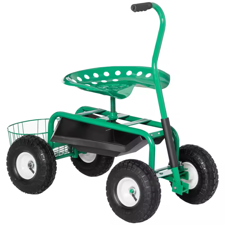 Outsunny Carro de jardín con asiento con ruedas hasta 150 kg con cesta de almacenamiento para pequeñas herramientas de jardín, carro de taller móvil, asiento de jardín, dirección regulable, altura del asiento 46-59 cm, altura regulable, metal, goma, verde - 1