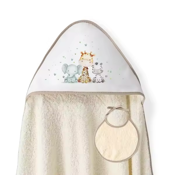 Interbaby capa de baño + babero rizo JIRAFA ELEFANTE de 1 metro x1 metro - 1