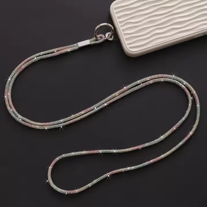 Lanyard De Lujo Con Rhinestones Caja De Cristal Plateado Antipérdida Para Teléfono Móvil Con Colgante Y Llavero Para Adultos - 1