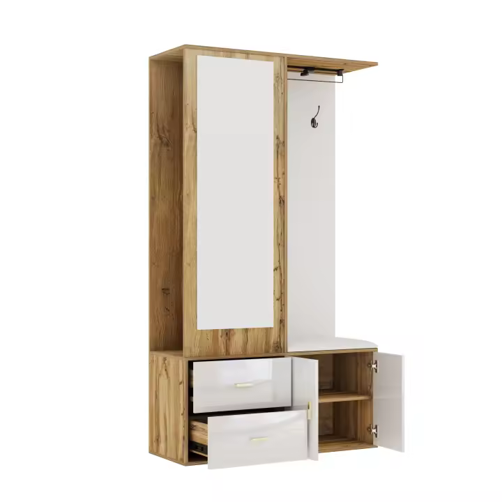 Juego de Guardarropa Elegante en Blanco y Madera-With Espejo Incorporado, Banco Zapatero with Espacio para Zapatos, Ganchos para Accesorios y Barra Colgante Extensible - 1