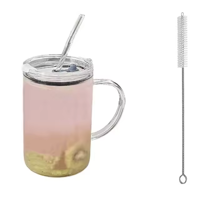 Gran Vaso De Vidrio De 1L Con Tapa Y Pajita Para Bebidas Transparente Eco-amigable Para Jugo Agua Y Café Frío Vaso De Bebida Taza De Bebida - 1