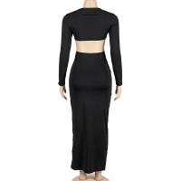 Vestido Largo De Cintura Alta Con Capucha Y Manga Larga En Color Sólido 2024 Primavera Vestido Slimming Con Espalda Descubierta Y Cuello En V Para Mujer - details 7