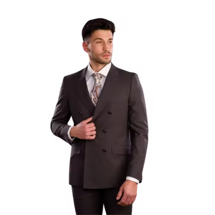 Traje cruzado con solapa ancha de pico BLANCO NUMERO UNO color gris marengo.La elegancia a la ultima moda. - 1