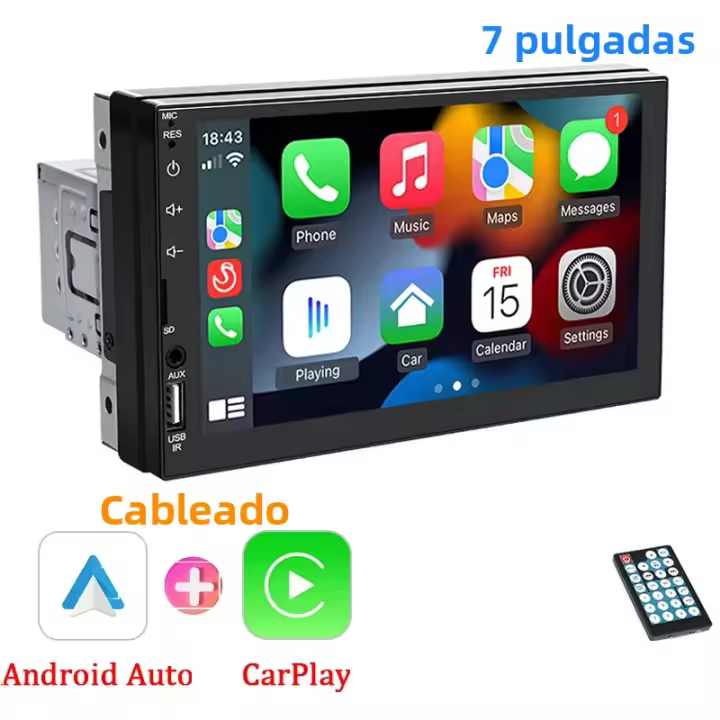 Radio De Coche 7 Pulgadas Con Android Auto CarPlay Estéreo Multimedia Cámara Trasera FM BT HD RCA SWC SD AUX Universal 1 Din Mirror Link MP - 1