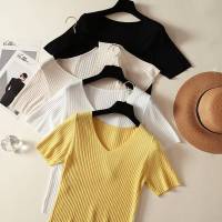 Camiseta De Mujer De Verano Con Cuello En V Y Manga Corta Tejida En Color Negro Y Naranja Estilo Slim Para Ocio Casual - details 2