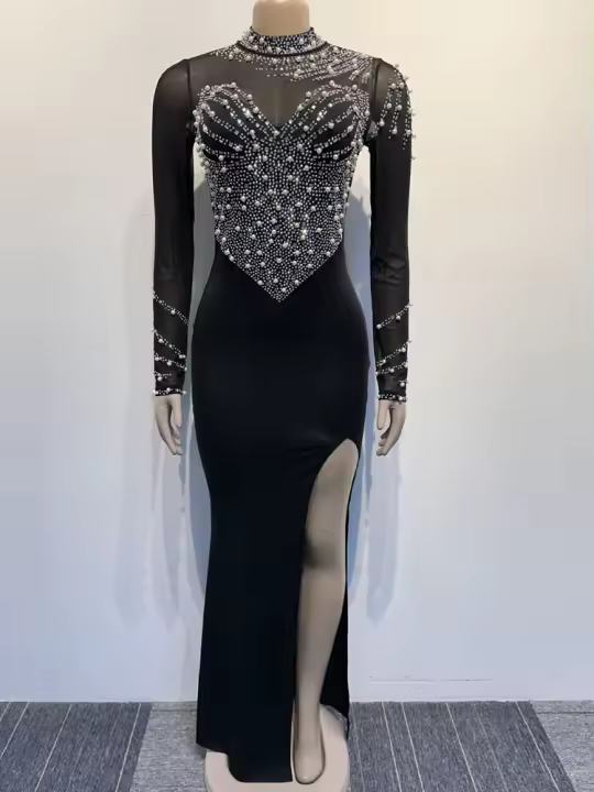 Vestido Largo De Noche Para Mujer Con Perlas Y Diamantes Translúcidos De Malla Elegante Y Sexy Para Fiesta Club Y Año Nuevo - 1