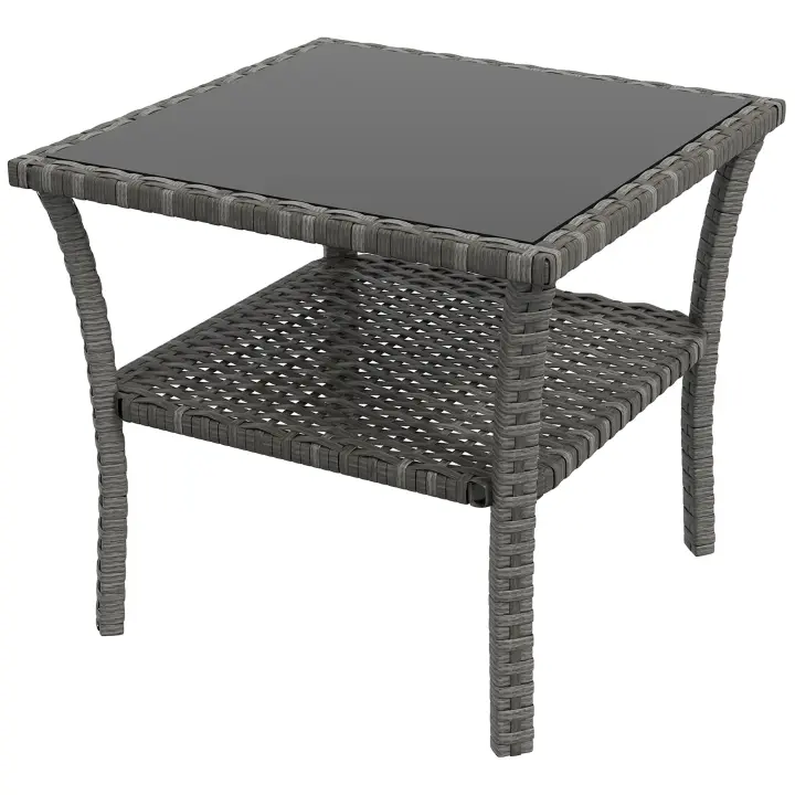 Outsunny Mesa de Jardín de Ratán Sintético Cuadrada 50x50x45 cm Mesa Auxiliar con Estante Encimera de Vidrio y Marco de Acero Carga 30 kg para Terraza Patio Gris Degradado - 1