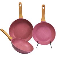 Set de 3 Sartenes 20/24/28cm Color Rosa con Revestimiento Antiadherente a la Piedra . Incluye set de cuchillos y set de utensilios de bambu - details 0