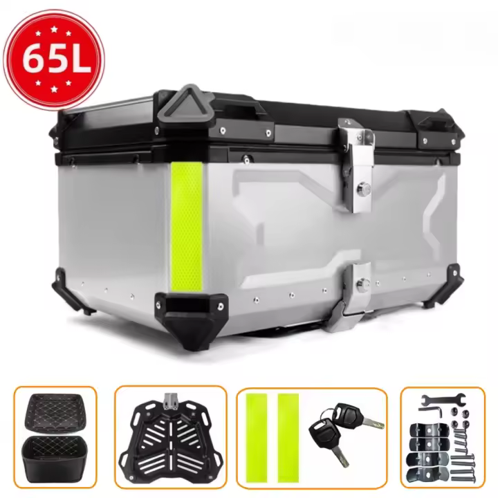 Baúl para motocicleta, baúl impermeable para motocicleta, baúl de aluminio para motocicleta con cerradura de seguridad, 65 litros, baúl negro para motocicleta, impermeable, a prueba de polvo y antirrobo, plateado. - 1