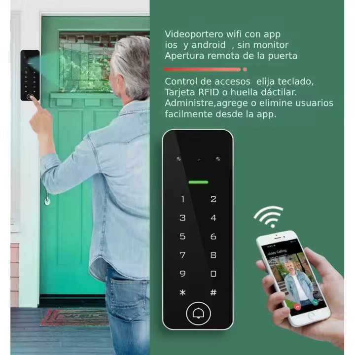 Timbre Videoportero Atis-WiFi con Control de Acceso Mediante Huella Digital, Teclado y Tarjeta RFID, administración Desde App, Resistencia IP65 - 1