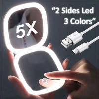 Espejo De Maquillaje Portátil Foldable Con 2 Caras Y Luz LED 3 Colores Toque Compacto 5X Magnificación Para Viajes - details 1