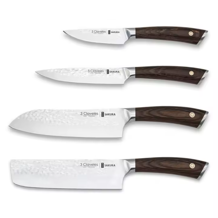3 Claveles Sakura - Juego Premium de 4 Cuchillos Acero Forjado con Hoja Martilleada - 1