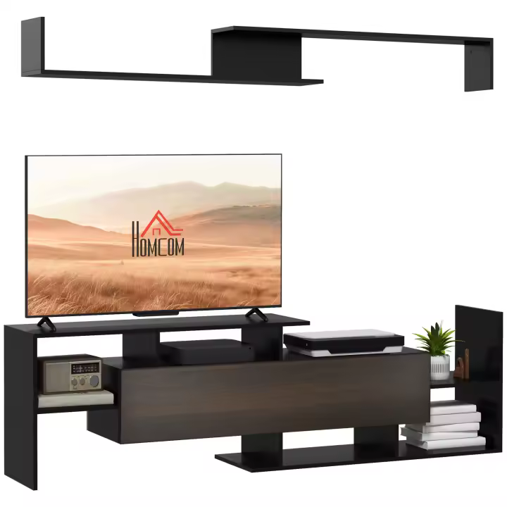 HOMCOM Mueble de Salón para TV Conjunto Muebles de TV con Mesa para Televisor 153,6x25x42 cm y Estante de Pared 150x14,5x16,3 cm - 1