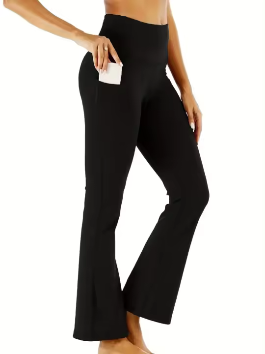 Pantalones De Yoga Flared Para Mujer Cintura Alta Con Bolsillos Pantalones Deporte Casual Cruzados De Polyester - 1